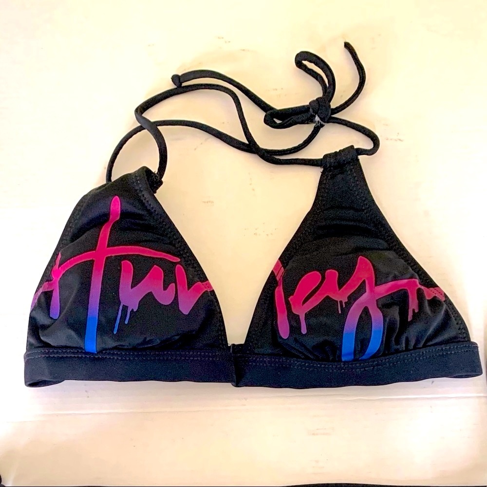 Hurley black triangle style bikini top purple & fuschia pink logo letters US S
